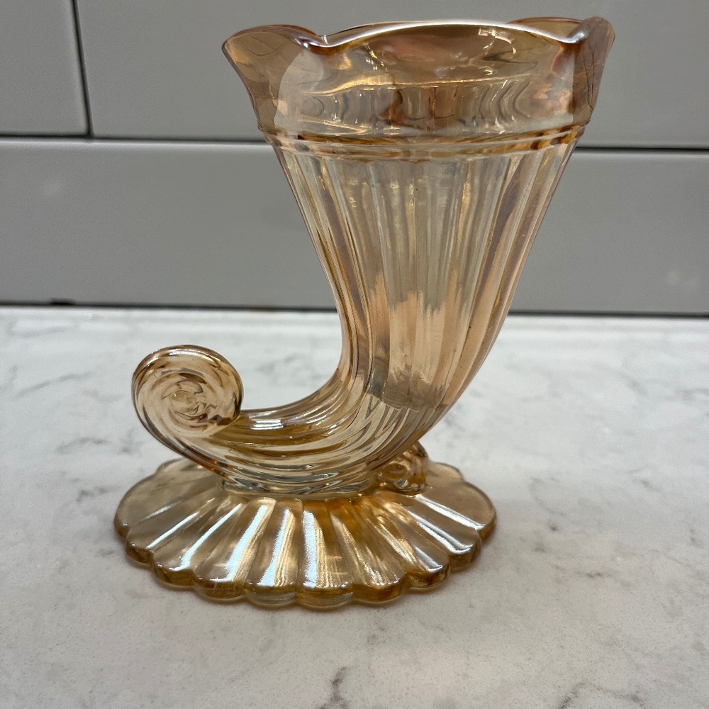Vintage Iridescent Carnival Glass Cornucopia Vase, 1930's-1950's
